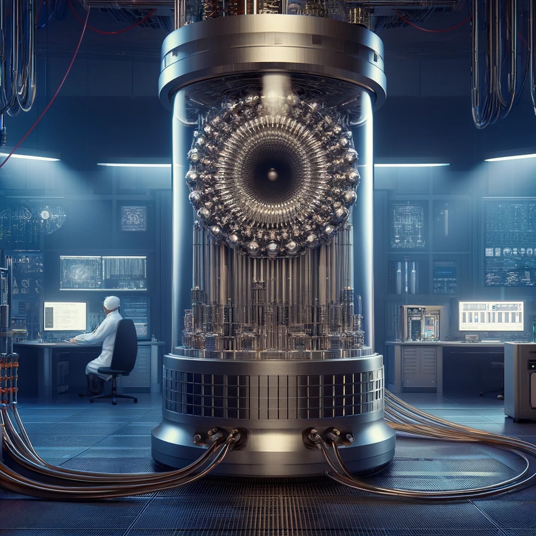 Een geavanceerde kwantumcomputerinstallatie in een hightech laboratoriumomgeving. De afbeelding toont een geavanceerde cilindrische kwantumprocessor ingesloten in een transparante kamer met metalen componenten en een ingewikkelde interne structuur. Een onderzoeker werkt aan een station met meerdere displays die technische gegevens en diagnostische informatie rondom het kwantumcomputersysteem weergeven.